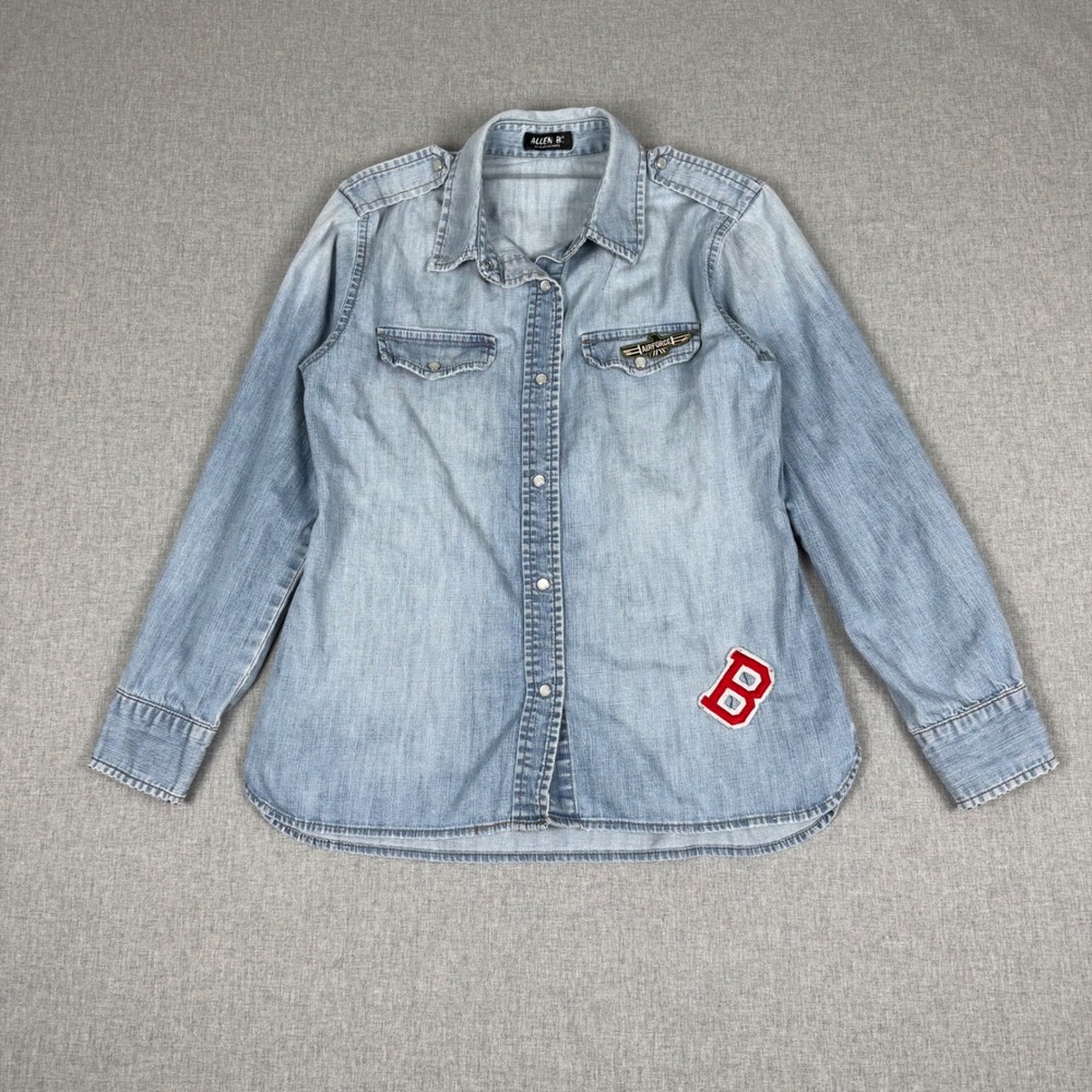 Allen B. by Allen Schwartz Blue Denim Snap Button Shirt Patch Distressed Medium